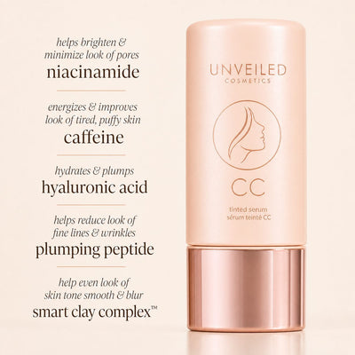 CC Color-Correcting Tinted Serum beside ingredient callouts: niacinamide, caffeine, hyaluronic acid, peptide, clay complex.