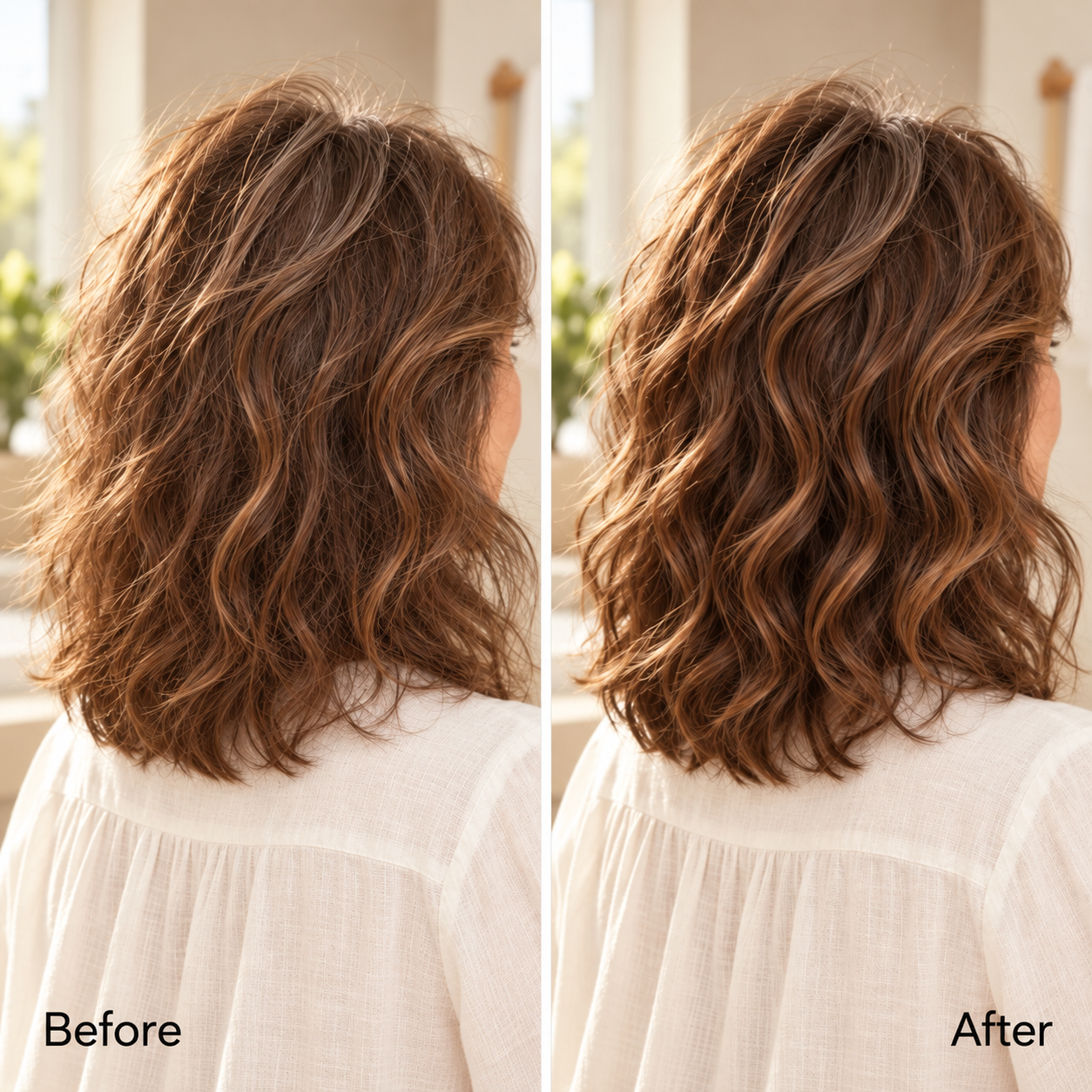 Illustrative before and after hair styling comparison