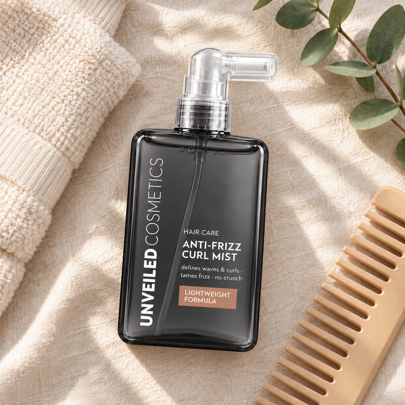 Unveiled Cosmetics Anti-Frizz Curl Mist bottle flatlay