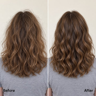 Draft styling concept: frizzier waves before and smoother defined waves after; generated illustration, not a verified customer result